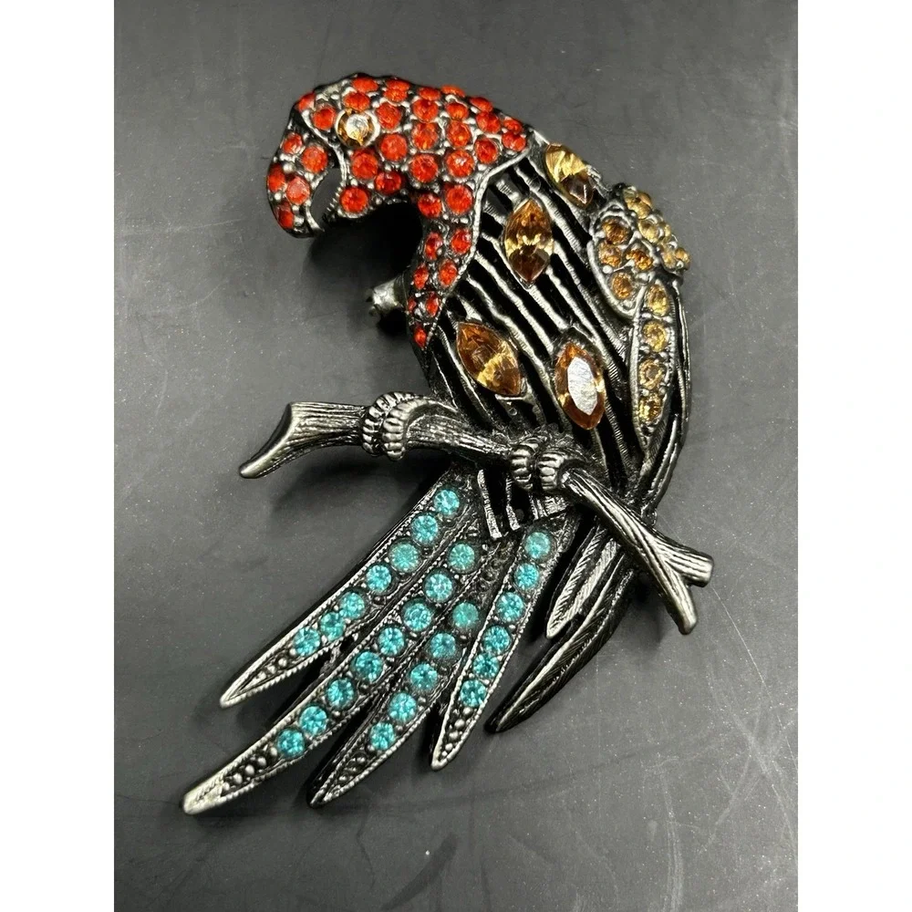 Tropical Parrot Bird Brooch Pin Red Amber Turquoise Crystal Rhinestones Large